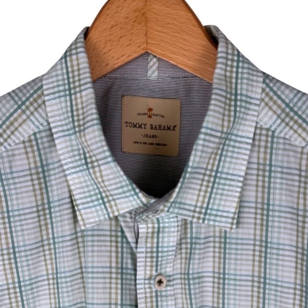 Tommy Bahama Jeans Short Sleeve Button Down Shirt Mens L Cotton Green Plaid